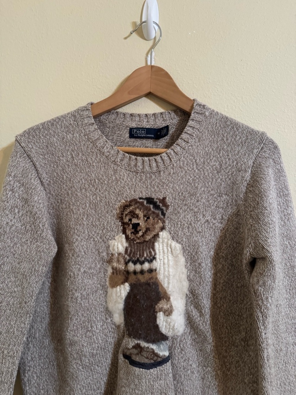 Polo Ralph Lauren Bear Shearling Cotton Sweater Mushroom Marl Medium - Picture 2 of 7